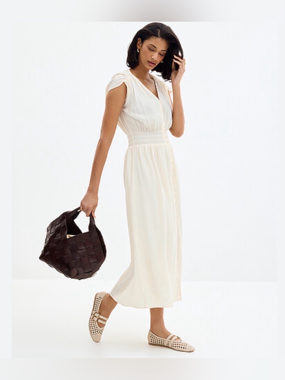 Sessùn Galiane Smocked Waist Button-Up Maxi Dress Ivory Large NWT